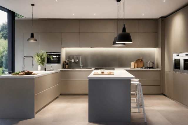Contemporary G-shaped kitchen with white cabinets and dark island/peninsula