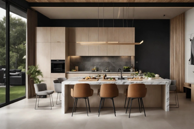 Kitchen with an island for additional prep space and dining