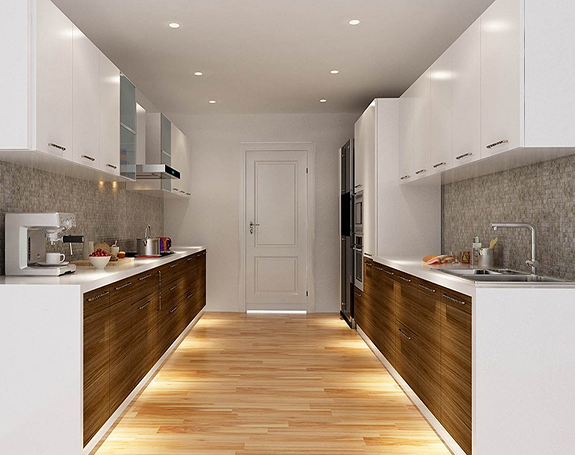 Sleek parallel kitchen with white cabinets
