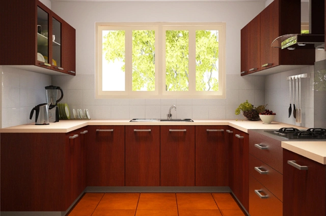 U-shaped kitchen with large window over sink