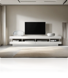 Minimalist TV unit featuring wide open shelves