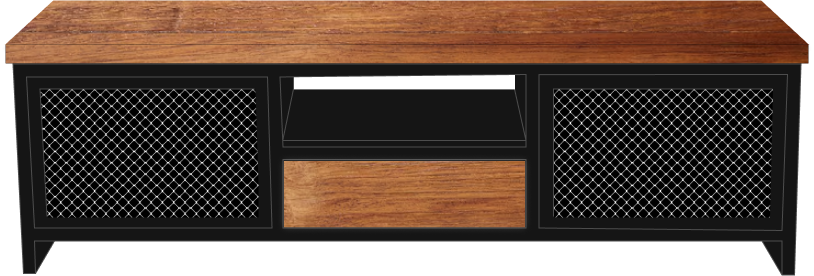Modern TV unit featuring metal frame and wooden shelves