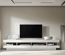 Geometric modern TV unit in a vibrant color