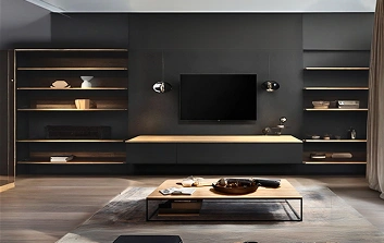 Modern TV unit featuring smooth surfaces and concealed compartments