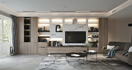 Asymmetrical modern TV unit with unique shelving