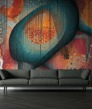 Art Nouveau wall with flowing patterns and pastel shades.