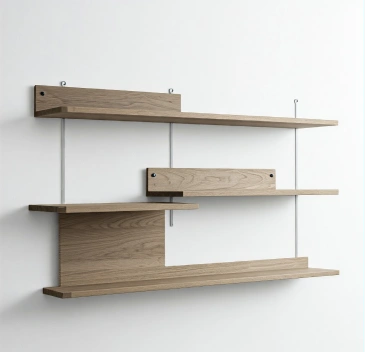 Floating wall shelves for storage and decor.