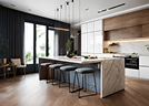 Island with cooktop and exhaust hood