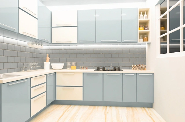 L shape kitchen with stainless steel appliances