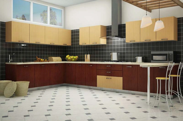 L-shaped modular kitchen design with a breakfast bar